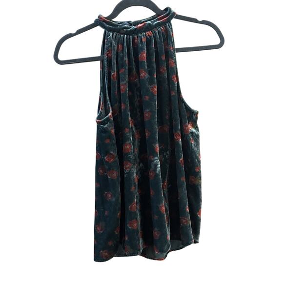 LOFT Green Velvet Red Rose Shirted Halter Top Sz M High Neck Christmas Party - Picture 7 of 7